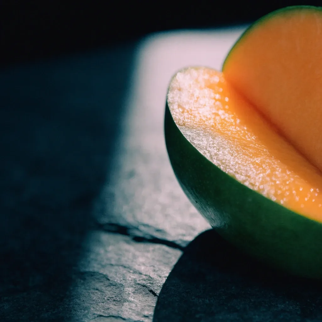 Zreli mango prerezan na pola na tamnoj kamenoj površini